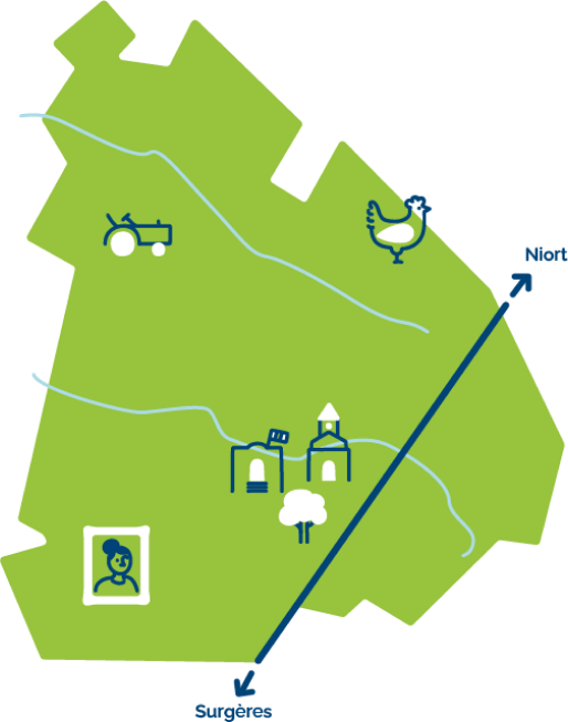 Carte de la commune de Saint-Georges-du-Bois avec des éléments graphiques et une route avec pour direction Surgères vers le sud-ouest et Niort vers le nord-est